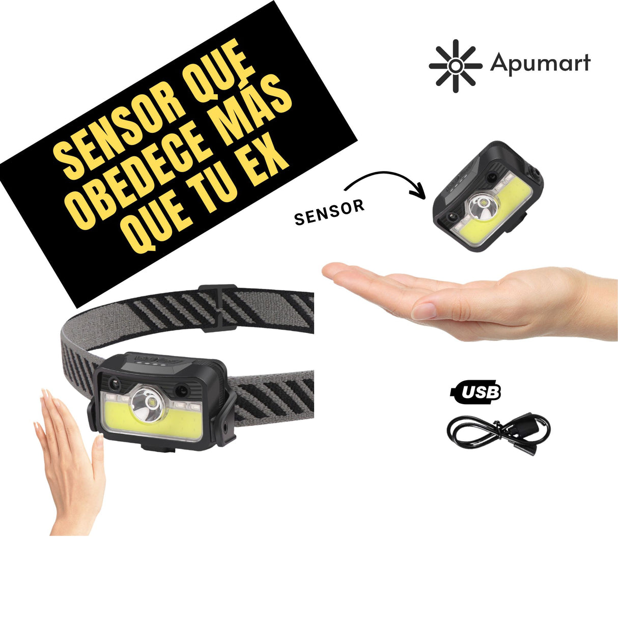Linterna Frontal Recargable LED – Sensor y Carga Tipo C