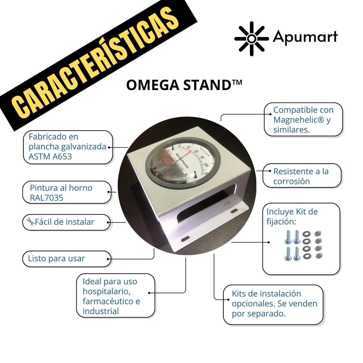OMEGA STAND™ – Soporte Metálico para Manómetros Diferenciales de Montaje Rápido