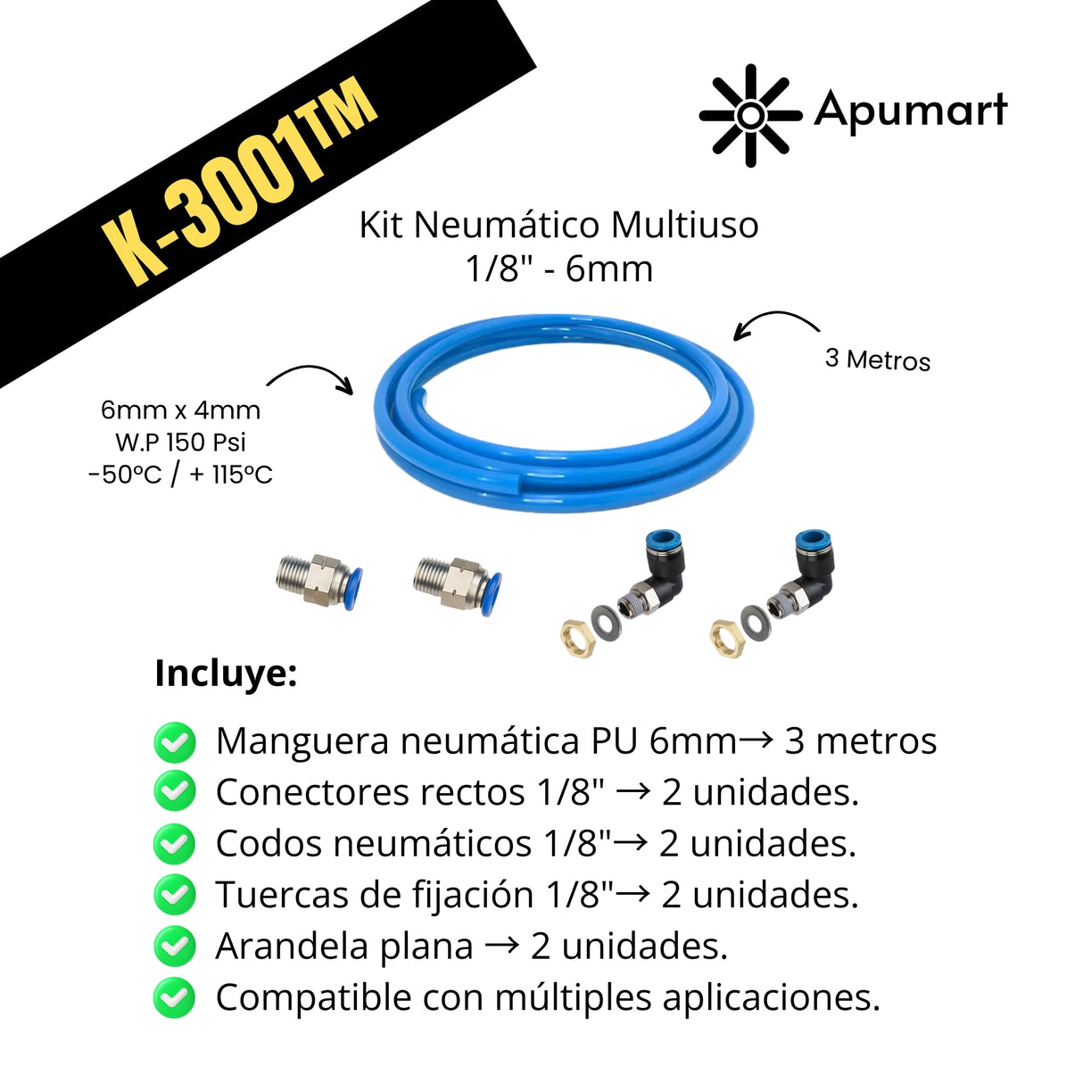 K-3001™ – Kit Neumático Multiuso 1/8" con Manguera PU 6mm