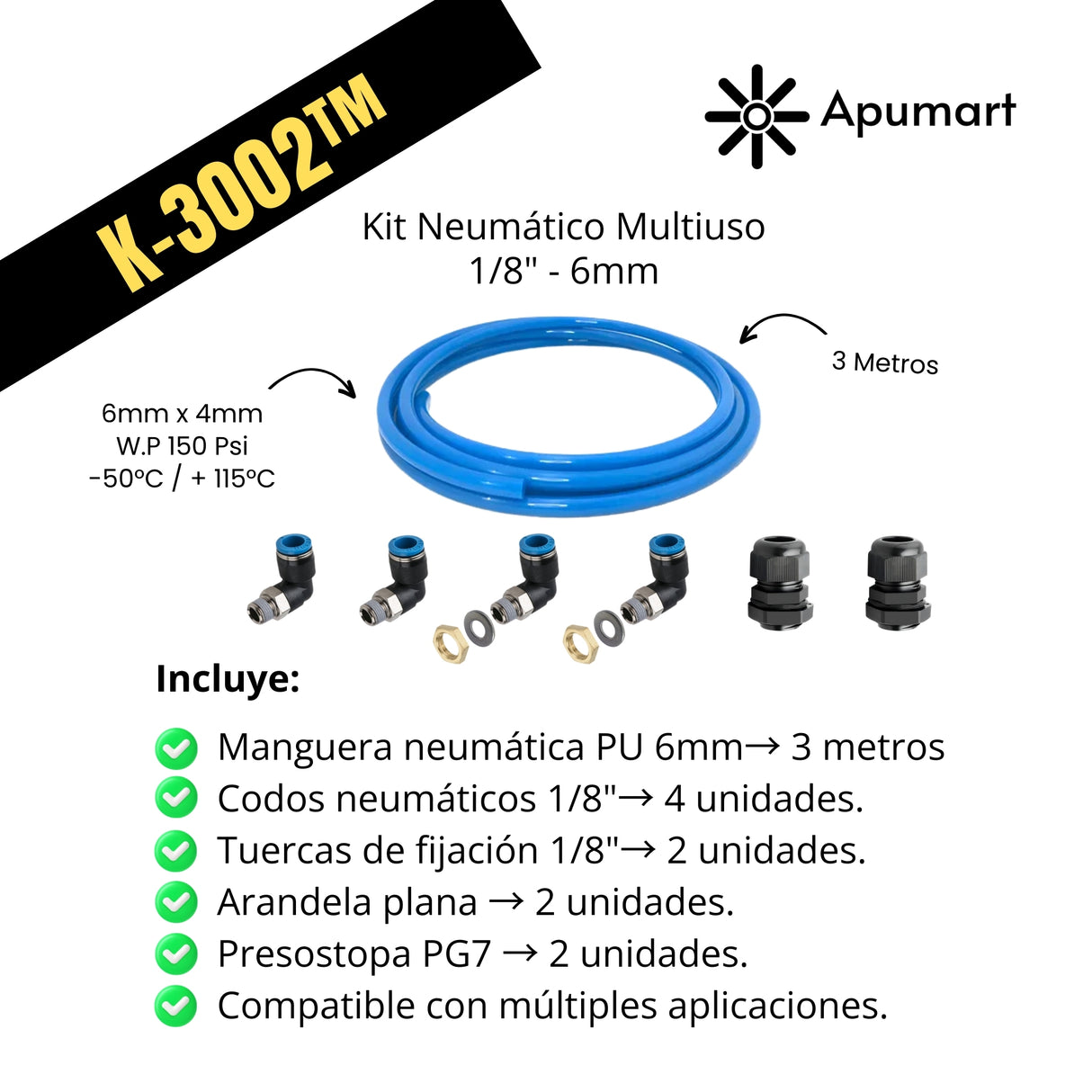 K-3002™ – Kit Neumático Multiuso 1/8" con Manguera PU 6 mm