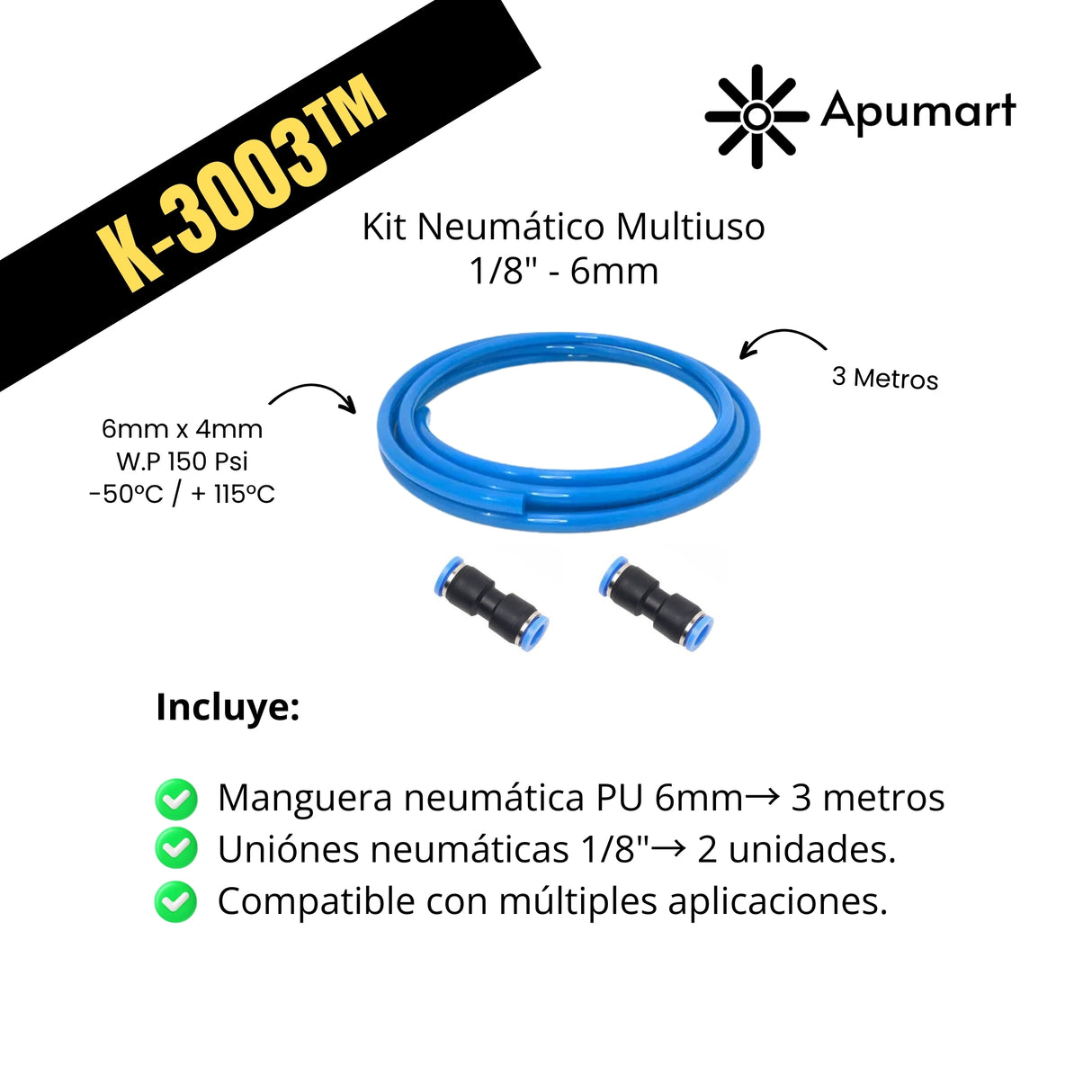 K-3003™ – Kit Neumático Multiuso 1/8" con Manguera PU 6mm