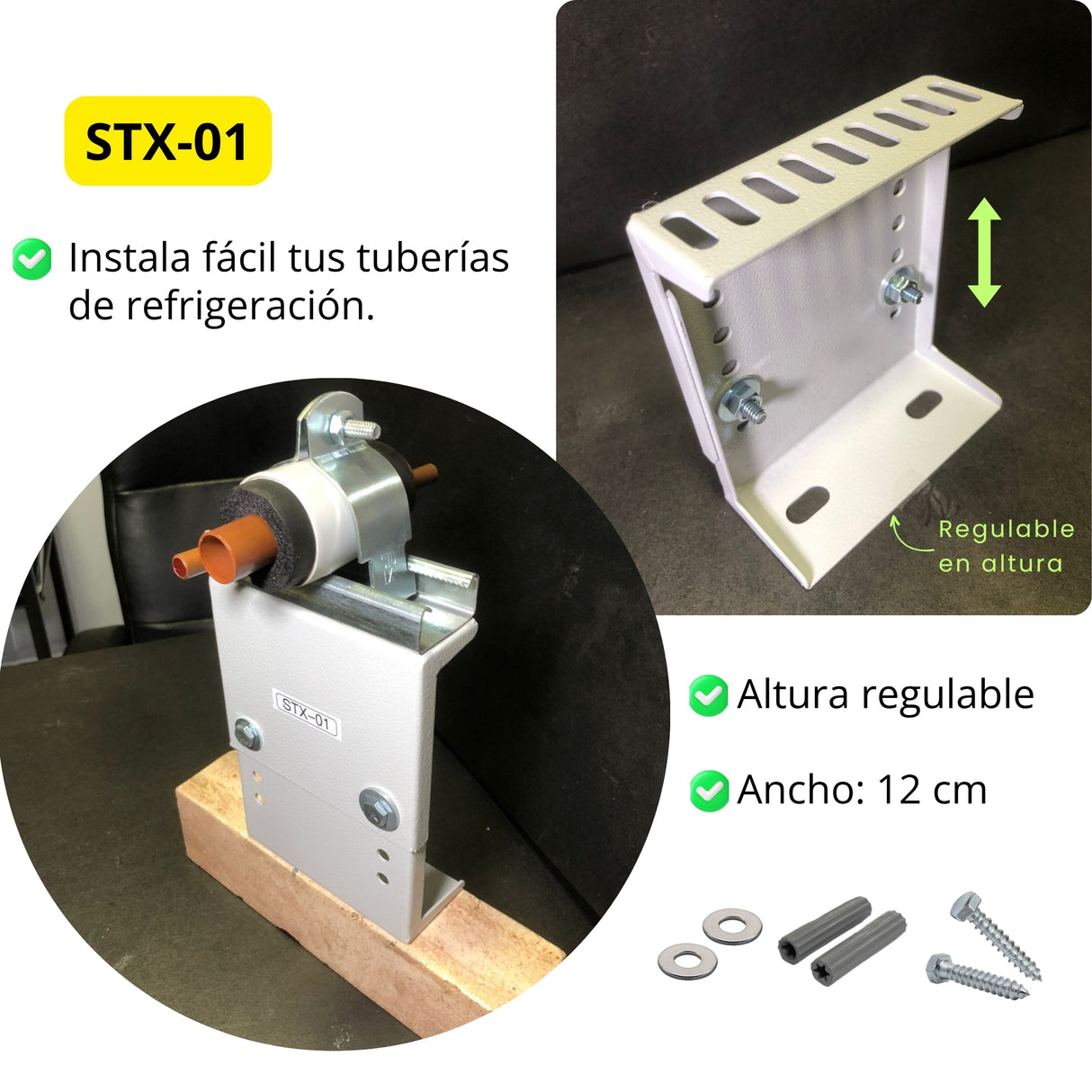STX-01 – Soporte Regulable para Tubería HVAC | 12–18 cm Alto, 12 cm Ancho