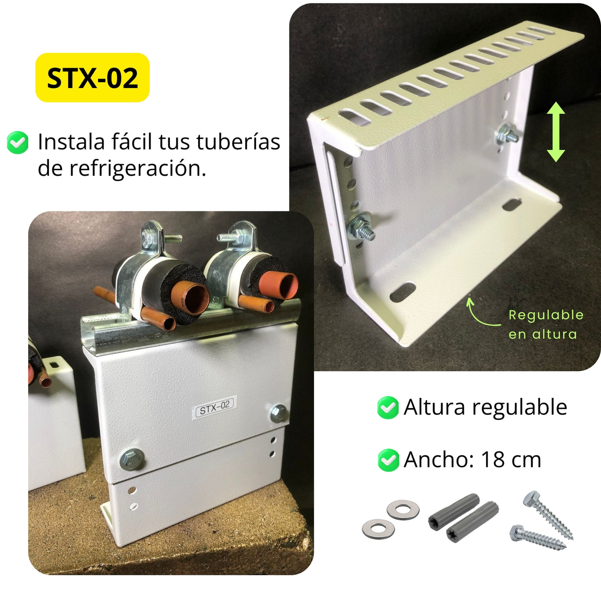 STX-02 – Soporte Regulable para Tubería HVAC | 12–18 cm Alto, 18 cm Ancho