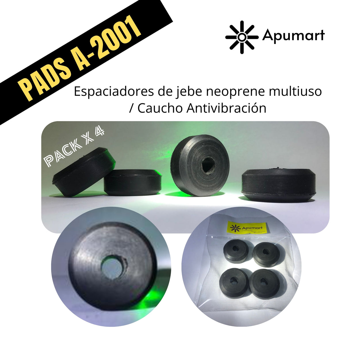 Espaciadores de jebe neoprene multiuso / Caucho antivibración – Pack x4, Ø38.1 mm, Eje Ø10 mm, Espesor 17 mm