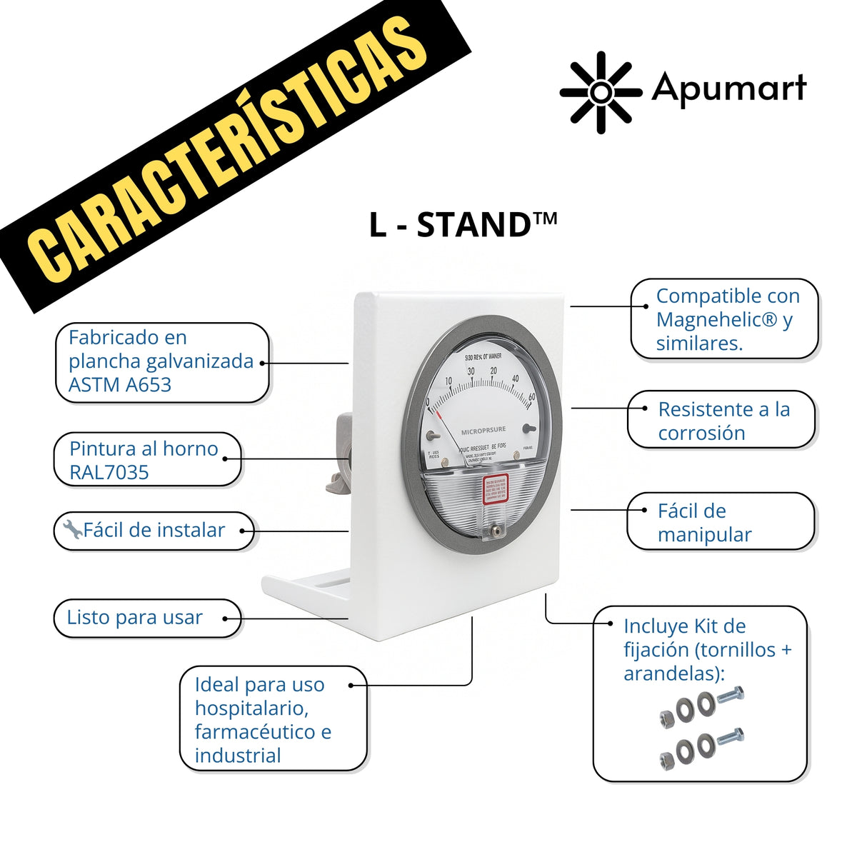 L-STAND™ – Soporte Metálico Tipo “L” para Manómetros Diferenciales HVAC