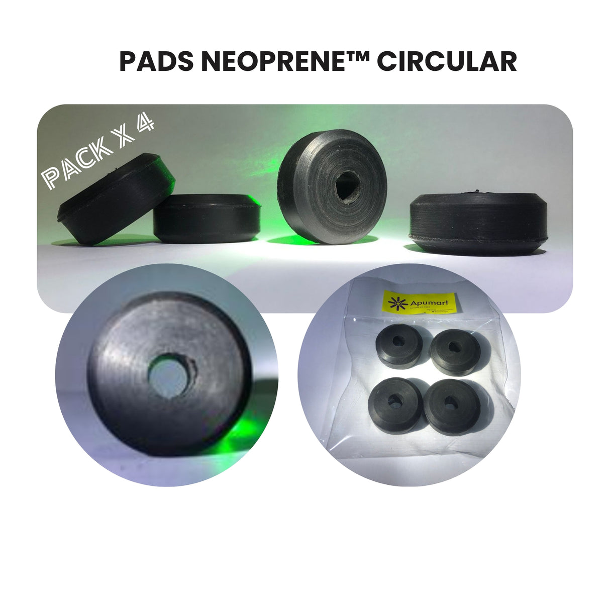 Espaciadores de jebe neoprene multiuso / Caucho antivibración – Pack x4, Ø39.5 mm, Eje Ø10 mm, Espesor 20.5 mm