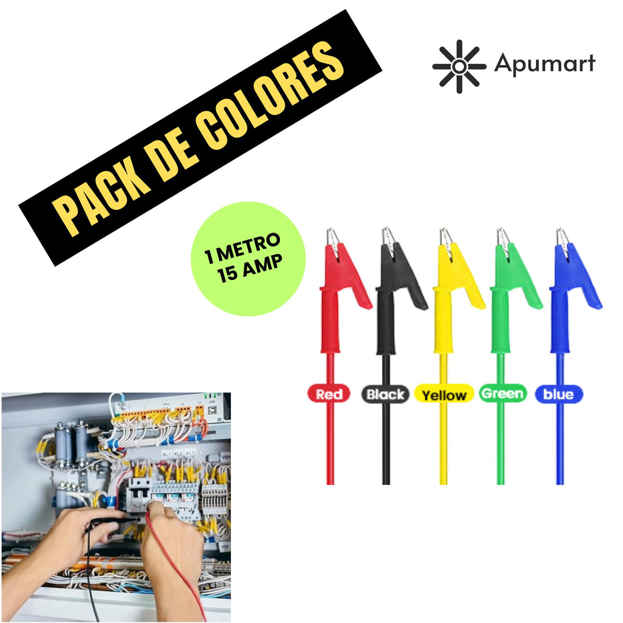 Cables de Prueba Eléctricos con Pinza Cocodrilo – Pack 5 Colores / 1 m