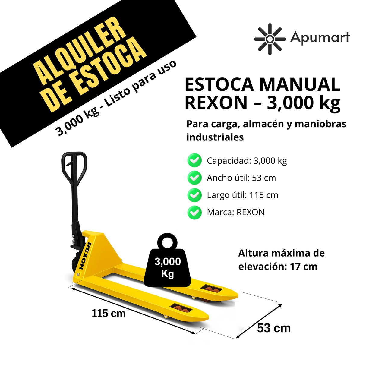 Alquiler de Estoca Hidráulica REXON 3,000 kg – Carga y Maniobras Industriales